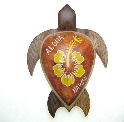 4" Wood Turtle Magnet w/ Painted YELLOW Hibiscus Flower