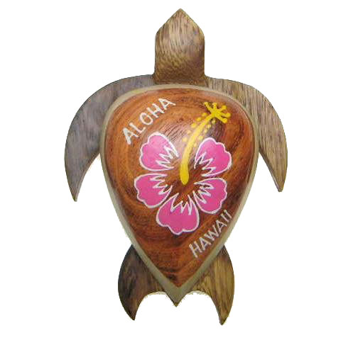 4" Wood Turtle Magnet w/ Painted PINK Hibiscus Flower