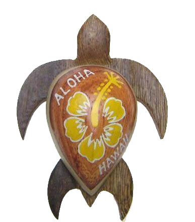 "Hawaii" - 3" Wood Turtle Magnet w/ Painted YELLOW Hibiscus Flow