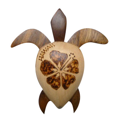 "Hawaii" - 3" Wood Turtle Magnet w/Hibiscus Flower