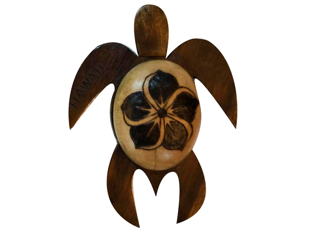 "Hawaii" - 3" Wood Turtle Magnet w/ Burn In Plumeria - Click Image to Close