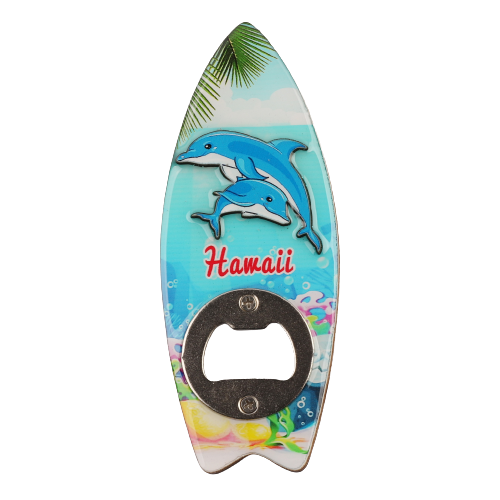 "Hawaii" Dolphin Wood & Resin Surfboard Magnet Bottle Opener