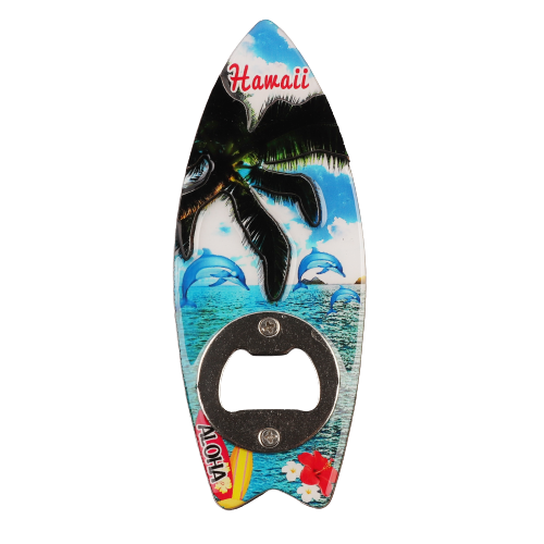 "Hawaii" Palm Tree|Dolphin Wood & Resin Surfboard Magnet Opener