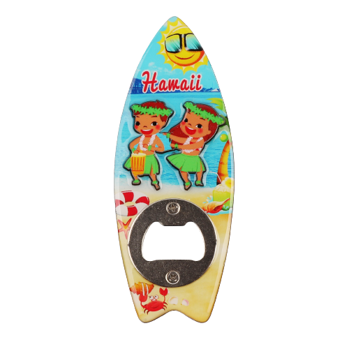 "Hawaii" Hula Dancer Wood & Resin Surfboard Magnet Bottle Opener