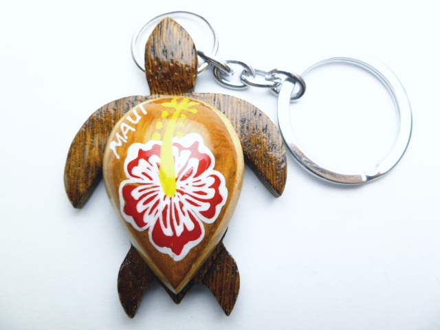 "Maui", 2" Wood Turtle Painted w/ Red Hibiscus Keychain