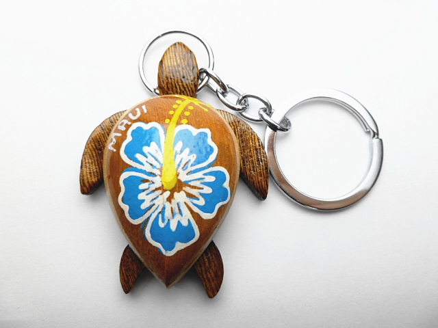 "Maui", 2" Wood Turtle Painted w/ Blue Hibiscus Keychain