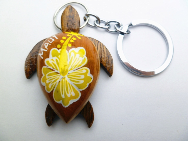 "Maui", 2" Wood Turtle Painted w/ Yellow Hibiscus Keychain