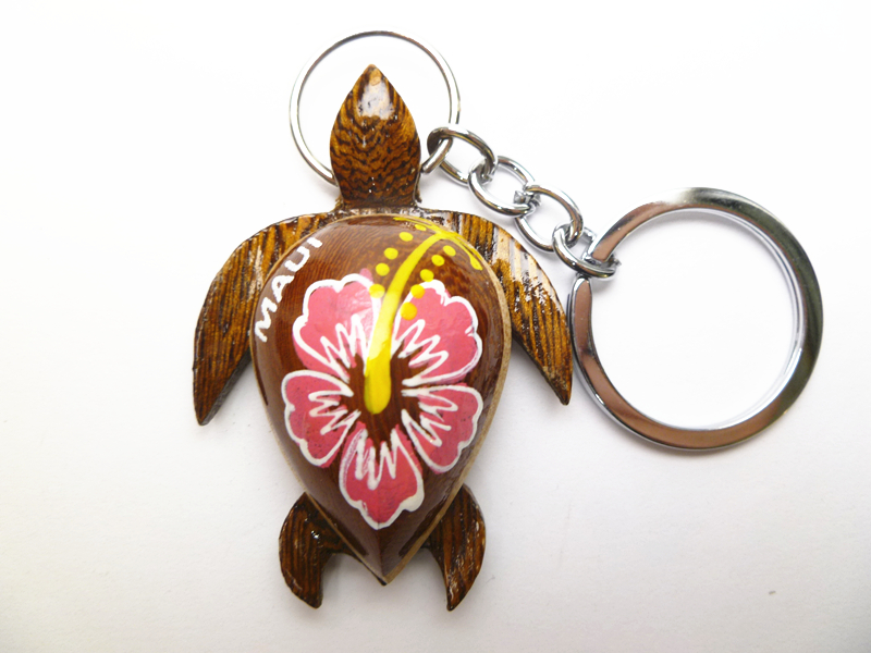 "Maui", 2" Wood Turtle Painted w/ Pink Hibiscus Keychain