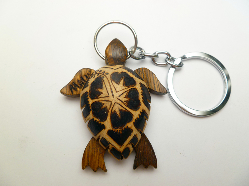 "Maui", 2" Burned Wood Turtle w/ Hibiscus Keychain