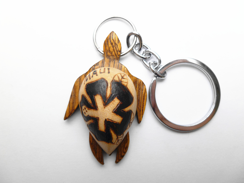 "Maui", 2" Burned Wood Turtle Painted Hibisucs Keychain