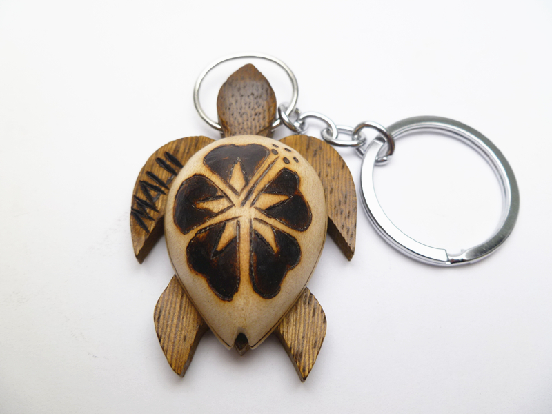 "Maui", 2" Burned Wood Turtle w/ Hibiscus Keychain