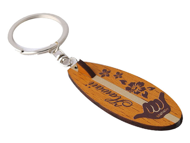 "Hawaii" Mahalo Shaka & Hibiscus Stamped Wood Surfboard Keychain