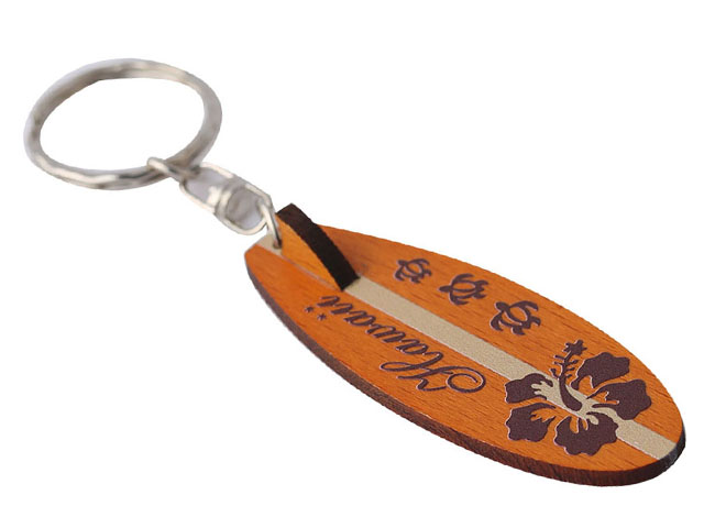 "Hawaii" Hibiscus Stamped Wood Surfboard Keychain