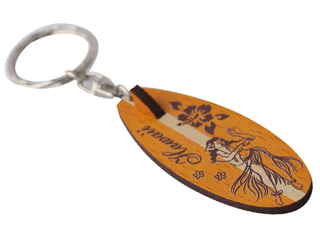 "Hawaii" Hula Dancer & Hibiscus Stamped Wood Surfboard Keychain