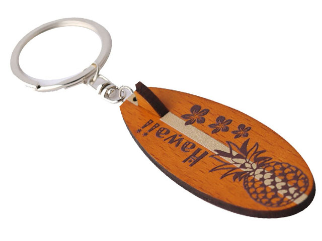 "Hawaii" Pineapple & Plumeria Stamped Wood Surfboard Keychain