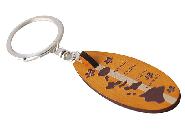 "Hawaii" Island Map & Plumeria Stamped Wood Surfboard Keychain