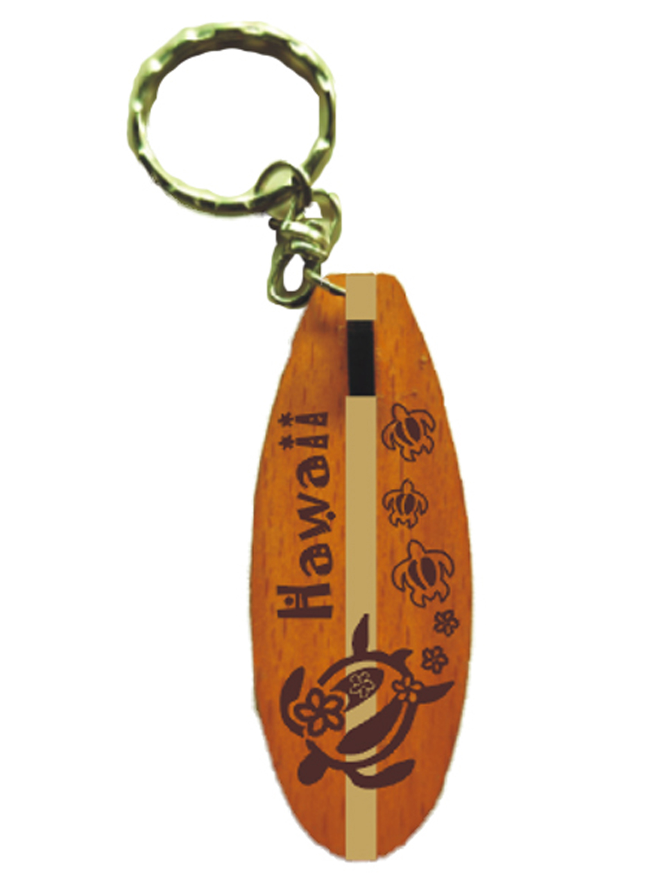 "Hawaii" Turtle & Hibiscus Stamped Wood Surfboard Keychain