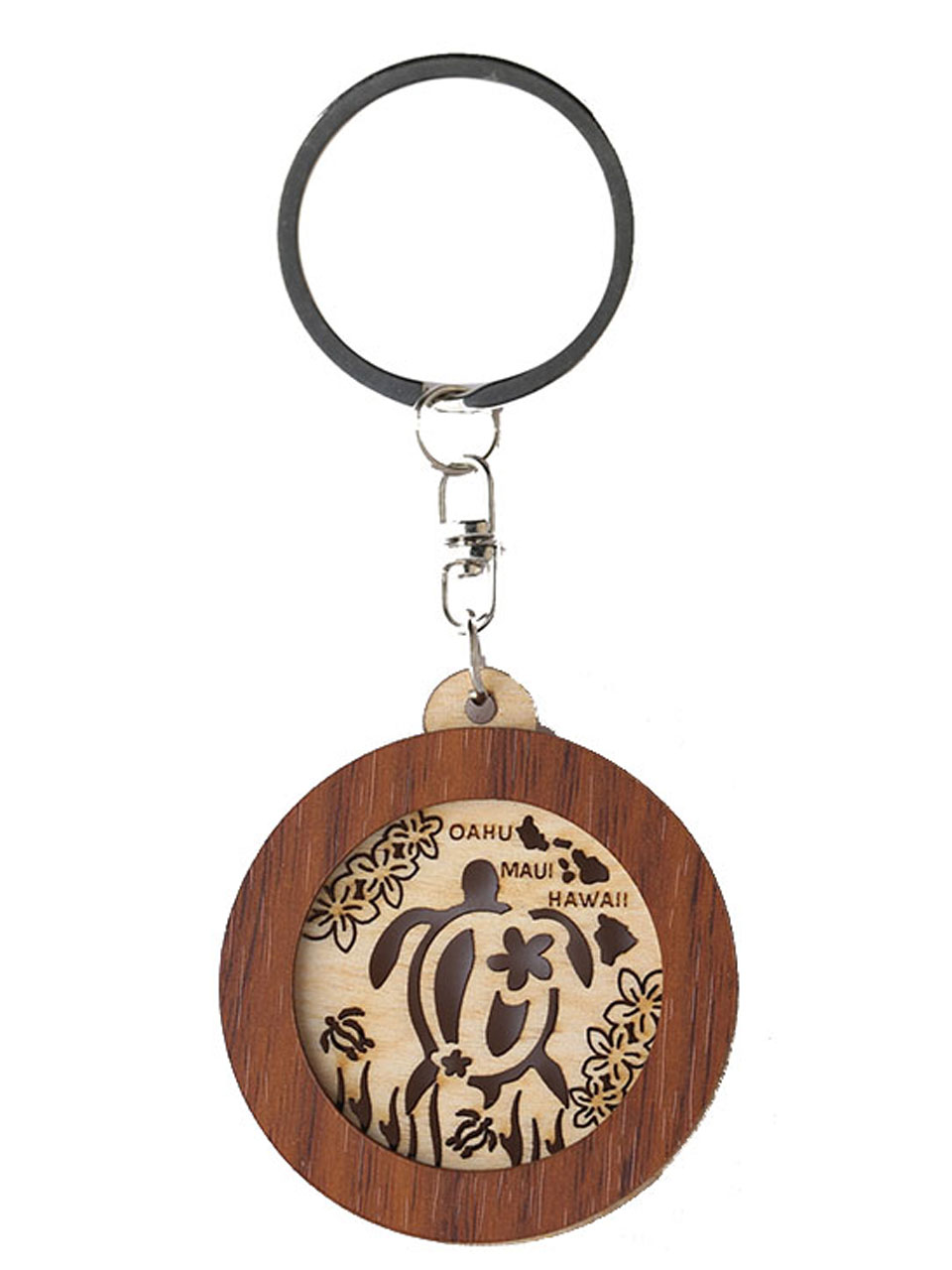 Sea Turtle & Hawaii Island Map Cutout Round Wood Keychain