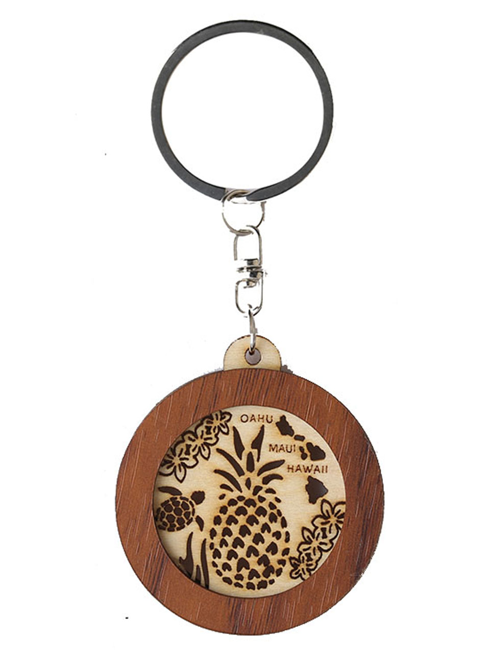 Pineapple & Hawaii Island Map Cutout Round Wood Keychain