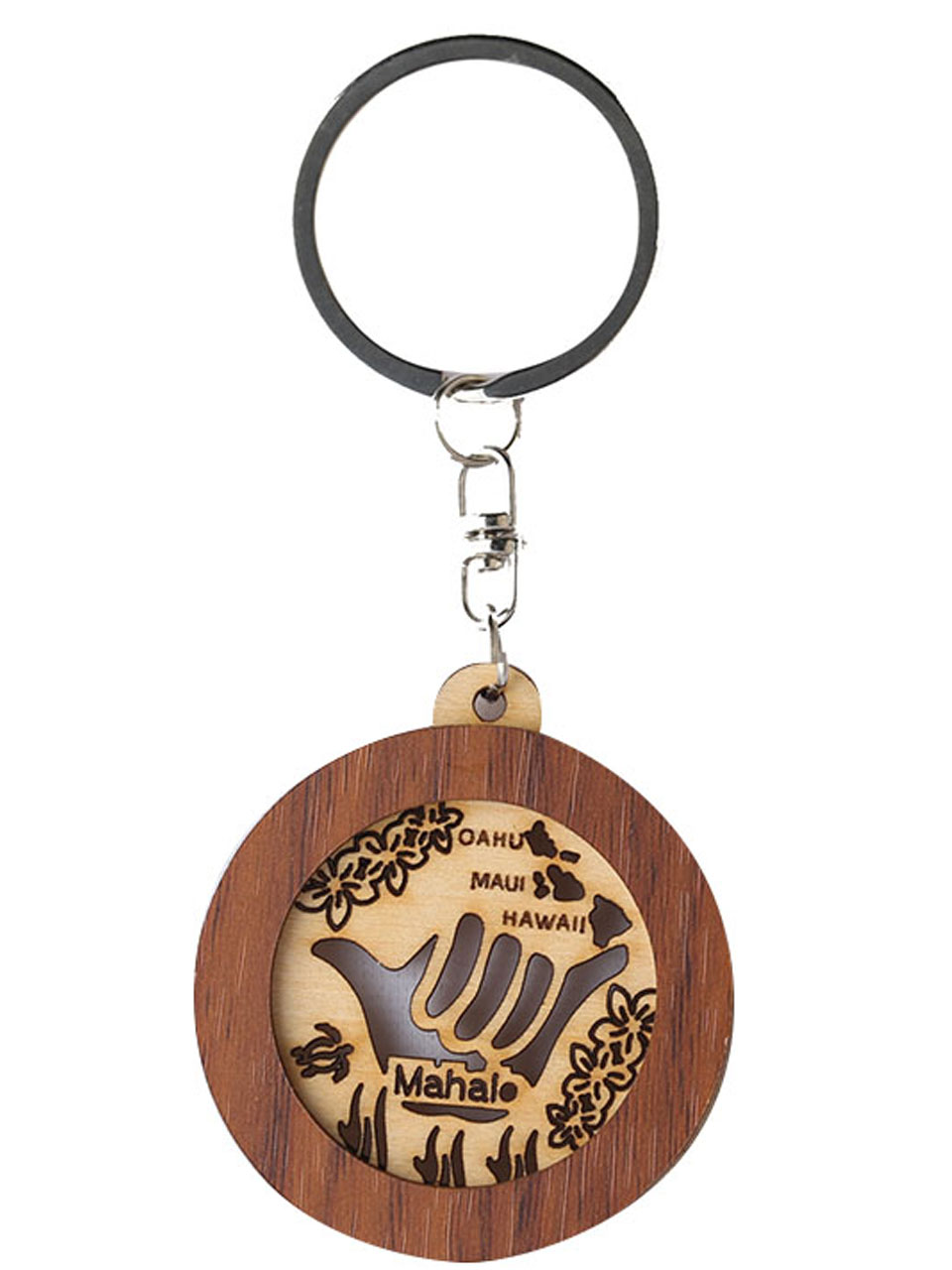 Shaka & Hawaii Island Map Cutout Round Wood Keychain