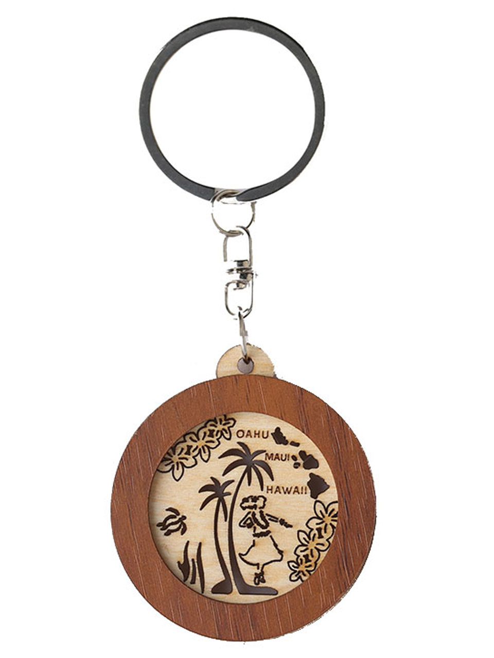 Hula Dancer & Hawaii Island Map Cutout Round Wood Keychain