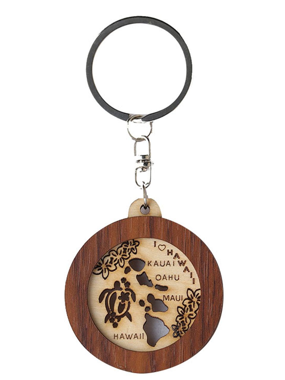 "I ♥ Hawaii" Island Map Cutout Round Wood Keychain