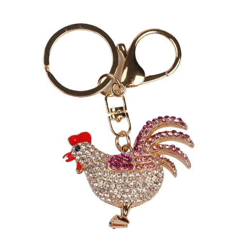 Pink & Clear Crystal Rooster Metal Keychain