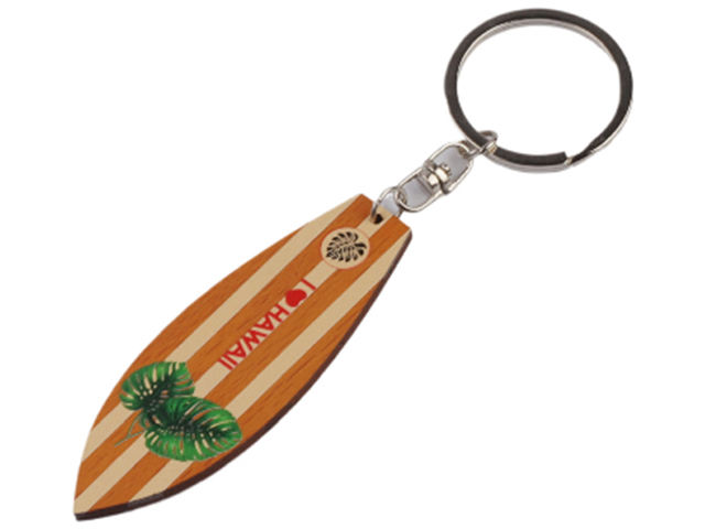 "I Love Hawaii" Monstera Leaf Print Wood Surfboard Keychain