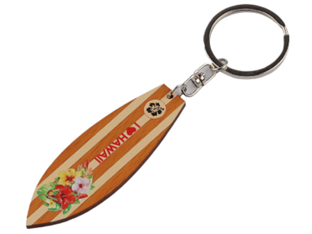 "I Love Hawaii" Floral Print Wood Surfboard Keychain, MOQ-12/pk