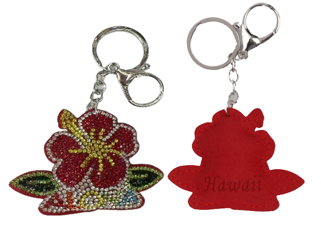 "Hawaii" Hibiscus Puff Rhinestone Keychain, MOQ-6/pk