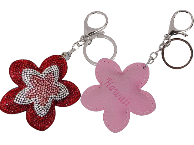 "Hawaii" Red Plumeria Puff Rhinestone Keychain, MOQ-6/pk - Click Image to Close