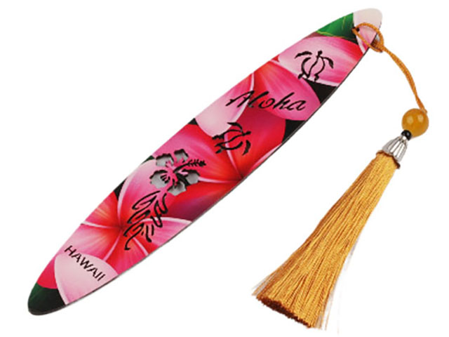 Plumeria Print Sea Turtle Cutout Wood Surfboard Bookmark, MOQ-12