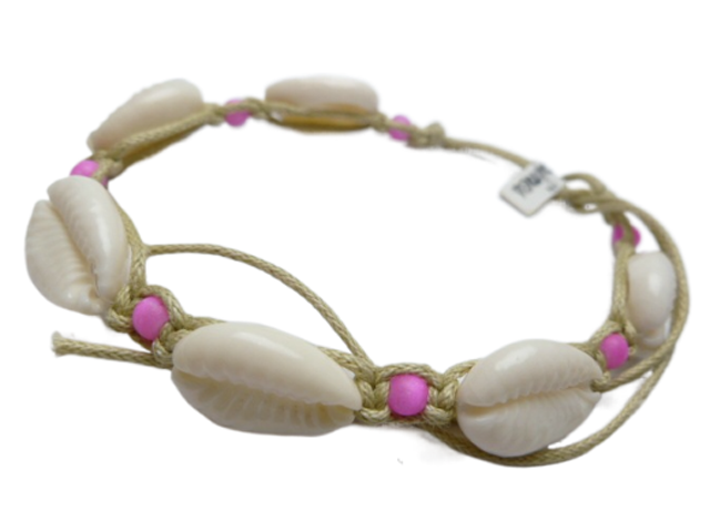 Natural Cowrie Shell Bracelet / Anklet w/ Pink Beads - Click Image to Close