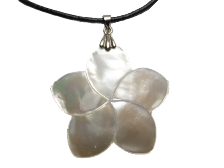 30mm White Mother of Pearl Plumeria Pendant w/ Leather Cord