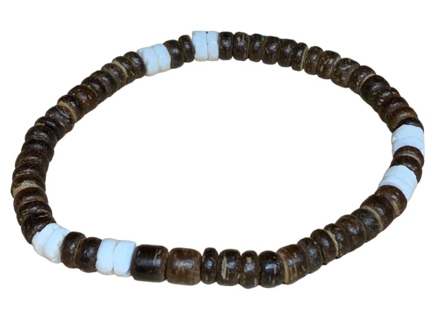 4-5mmDark Brown Coconut & White Shell Beads Stretchable Bracelet