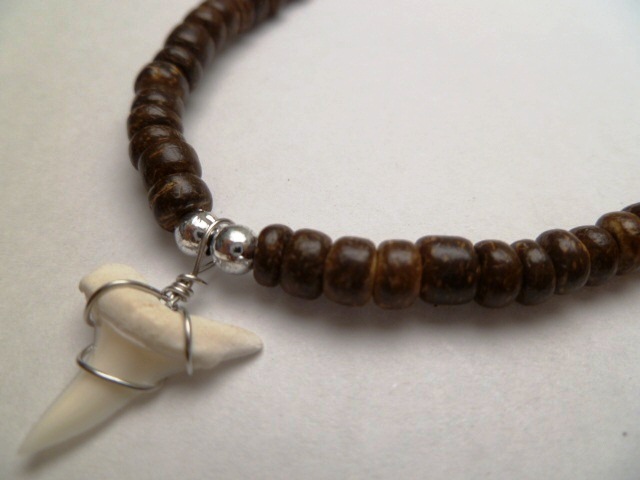 18" Dark Brown Coco Bead Necklace w/ 1" Mako Shark Teeth