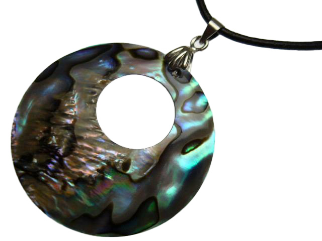 40mm Round w/ Hole Abalone Shell 18" 2mm Leather Cord Necklace