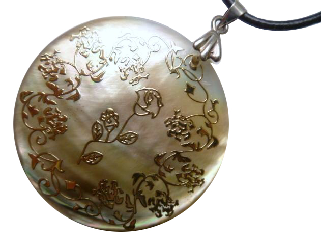 18K gold inlay mother of pearl pendant with leather cord