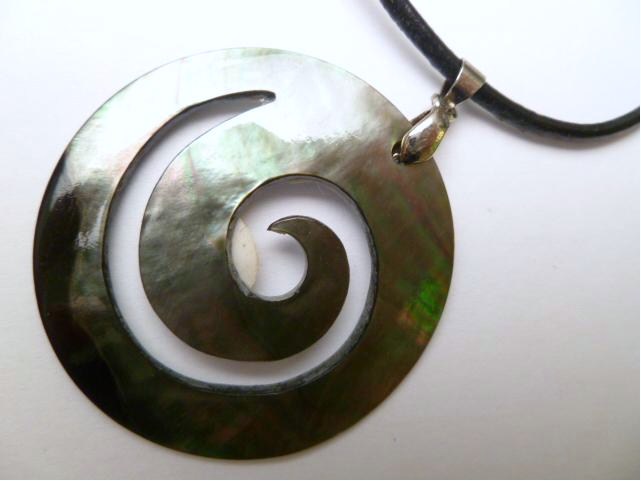 40mm Black Spiral MOP Necklace w/ 16" 2mm Leather Cord