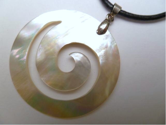 40mm White Spiral MOP Necklace w/ 16" 2mm Leather Cord