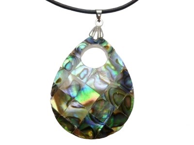 40mm Teardrop Donut Mosaic Paua Shell Pendant w/ Leather Cord