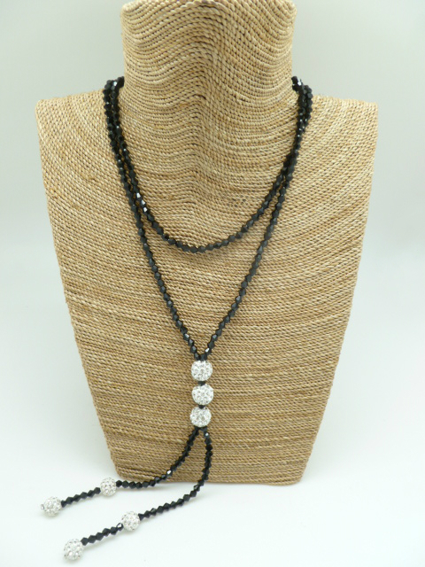 3pcs 10mm White Crystal Ball on Black Glass Bead Necklace 42"