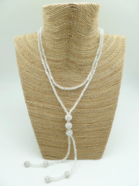 3pcs 10mm White Crystal Ball on White Glass Bead Necklace 42"