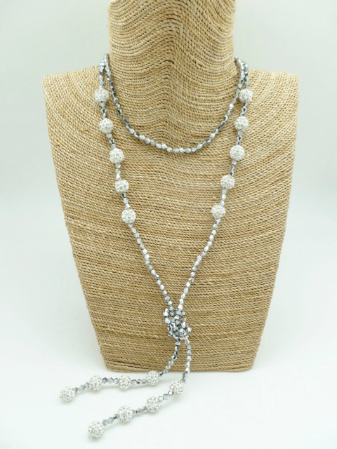 3pcs10mm White Crystal Ball Dark Blue Glass Bead Necklace 42"