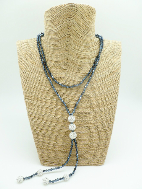 3pcs 10mm White Crystal Ball Dark Grey Glass Bead Necklace 42"