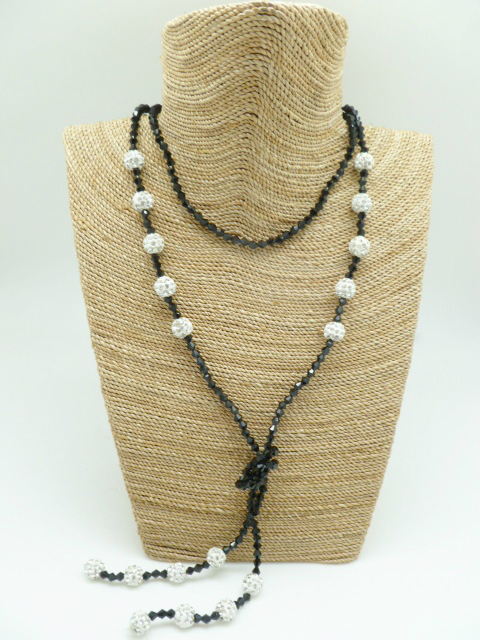 6pcs 10mm White Crystal Ball Dark Black Glass Bead Necklace 46"