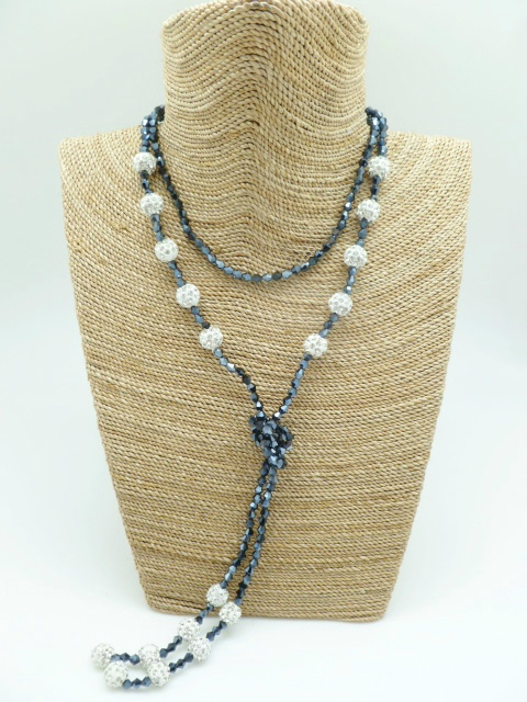 6pcs 10mm White Crystal Ball Dark Grey Glass Bead Necklace 46"