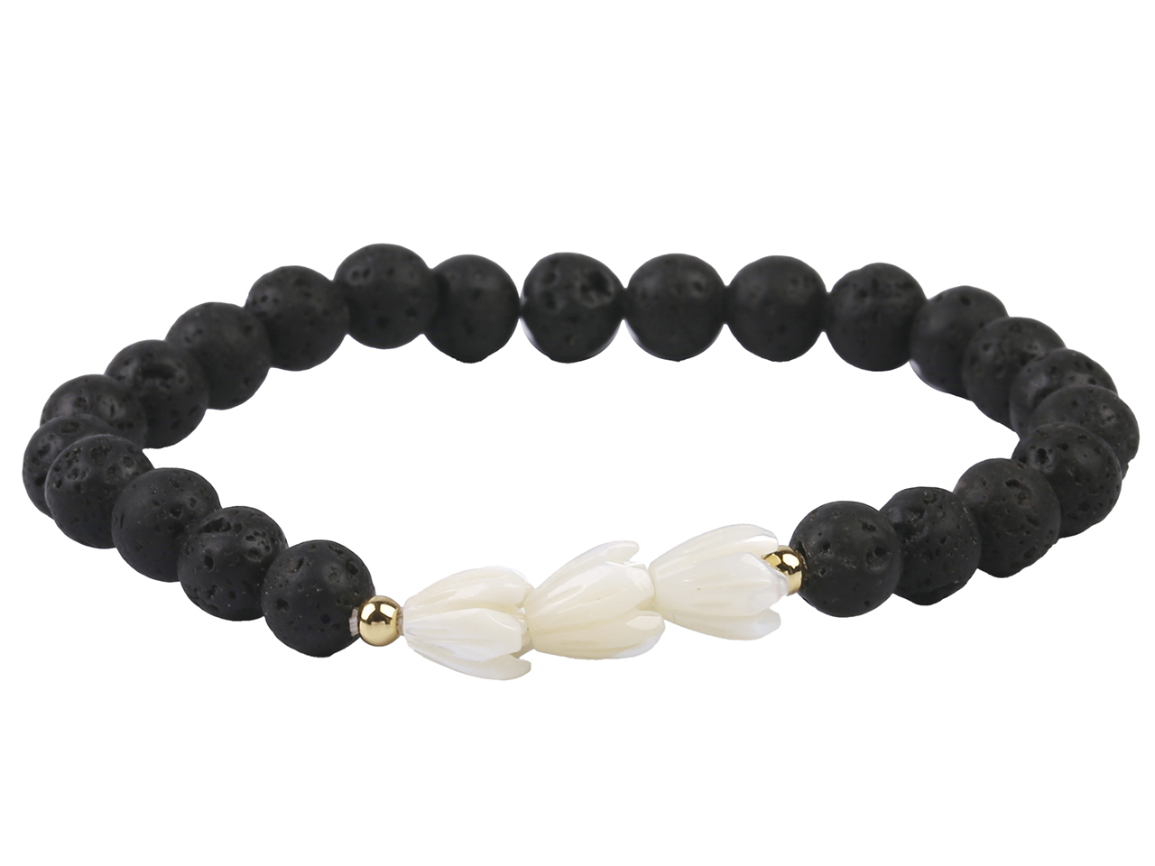 6mm Lava Stone w/ White MOP Shell Pikake Flower Elastic Bracelet