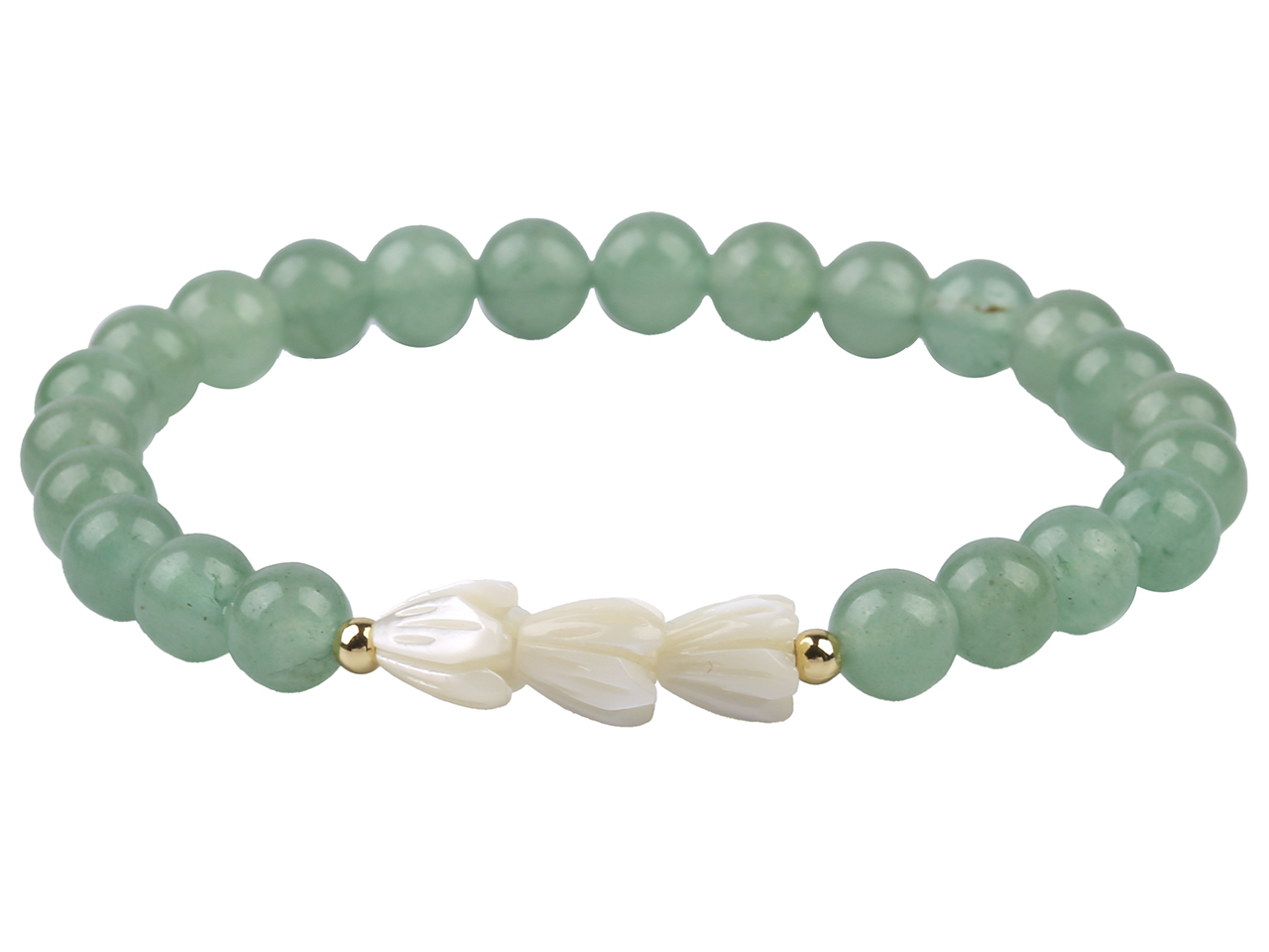 6mm Green Aventurine w/ MOP Shell Pikake Flower Elastic Bracelet