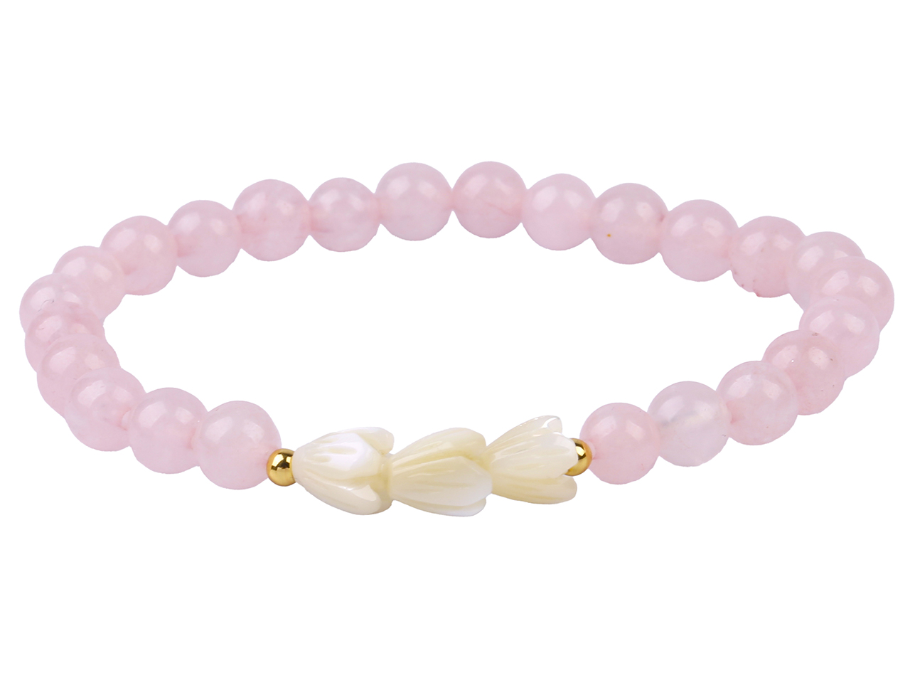 6mm Rose Quartz w/ MOP Shell Pikake Flower Elastic Bracelet